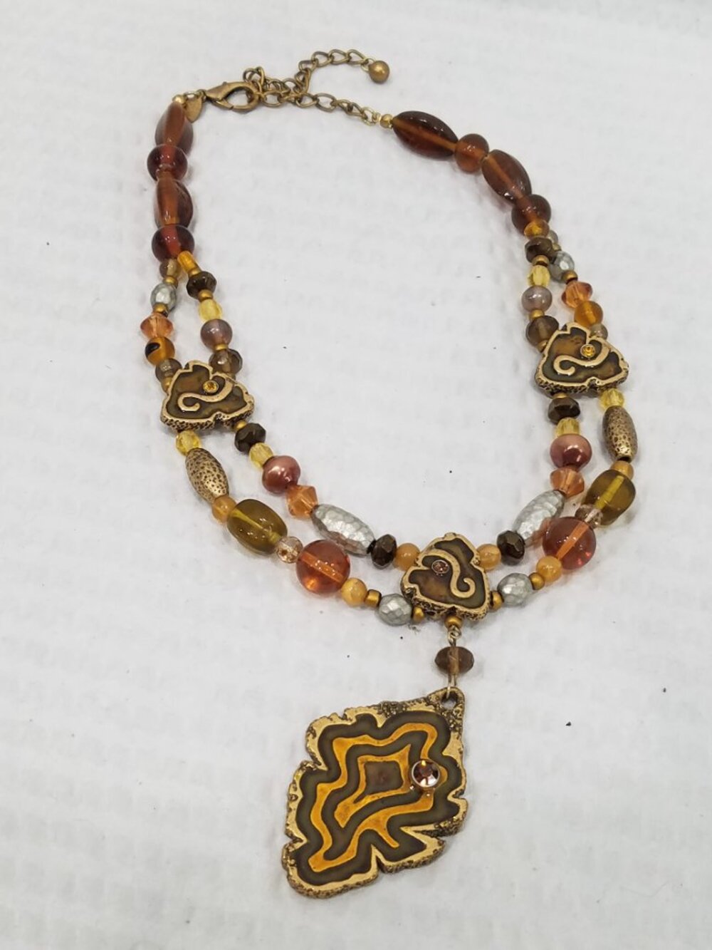 Signed Chico's Olive Cognac Crystal & Brass Multi Strand Pendant Choker Necklace - Picture 4 of 6